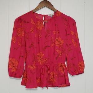 Beacon Clara Tie Waist Blouse 3/4 Sleeve Red/Fuchshia and Orange Floral XS NWT